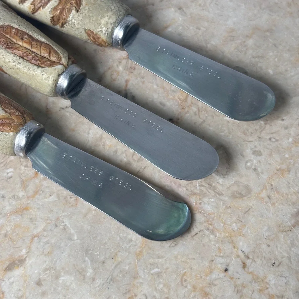Vintage Butter Spreaders Set of 3 Cream Brown Fall Leaves Resin Handles